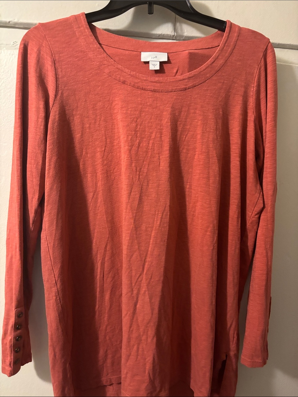 J Jill Coral Long-Sleeve Crewneck Top with Cuff Buttons - Soft Coral
